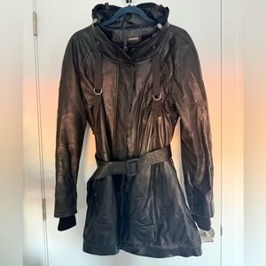 Danier Black Leather Belted Jacket with Hood